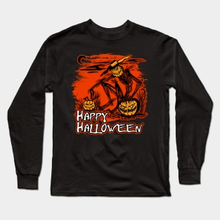 Happy Halloween Scarecrow And Pumpkins Long Sleeve T-Shirt